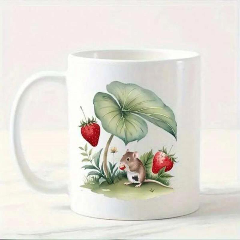 Tailorly White Ceramic 11 oz Mug - Adorable Little Creature Resting Under Large Green Leaf With Ripe Red Strawberries Mouse