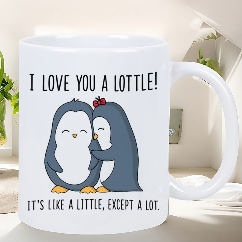 Tailorly White Ceramic 11 oz Mug - I Love You A Lottle Its Like A Little Except A Lot Two Cute Cuddling Cartoon Penguins With Small Red Bow Standing Together