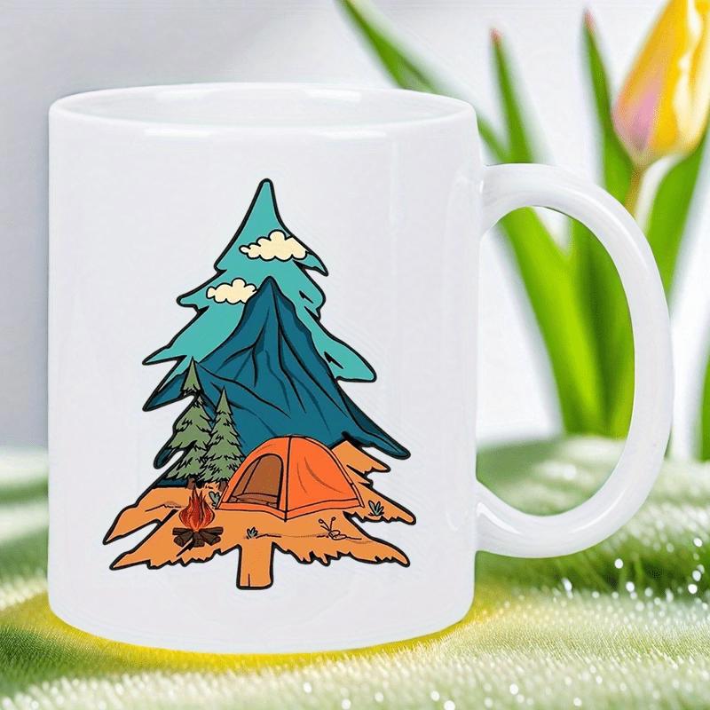 Tailorly White Ceramic 11 oz Mug - Wilderness Adventure Scene With Mountains And Orange Tent Under A Majestic Pine Tree