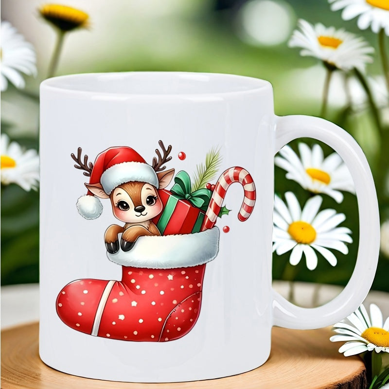 Tailorly White Ceramic 11 oz Mug - Cute Festive Reindeer Inside Polka Dot Christmas Stocking With Candy Cane Reindeer