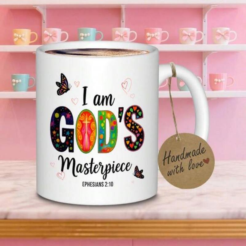 Tailorly White Ceramic 11 oz Mug - I Am Gods Masterpiece Ephesians 2 10 Colorful Decorative Patterned Lettering With Elegant Flying Butterflies And Hearts