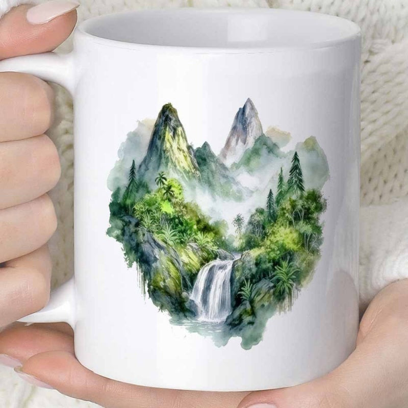 Tailorly White Ceramic 11 oz Mug - Lush Green Forest With A Waterfall Flowing From Majestic Scenic Mountain