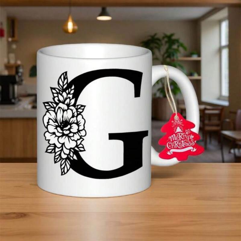 Tailorly White Ceramic 11 oz Mug - G Elegant Hand Drawn Floral Bloom Within A Classic Serif Font Monogram