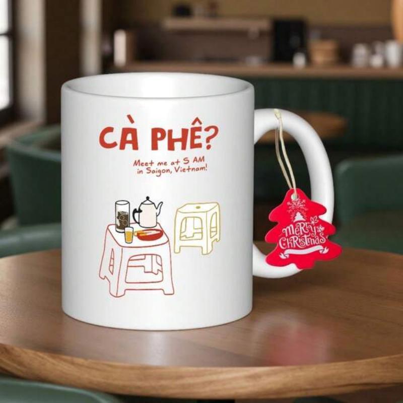 Tailorly White Ceramic 11 oz Mug - Meet Me At 9 AM In Saigon Vietnam Minimalist Line Art Illustration Featuring Traditional Vietnamese Street Coffee Stool