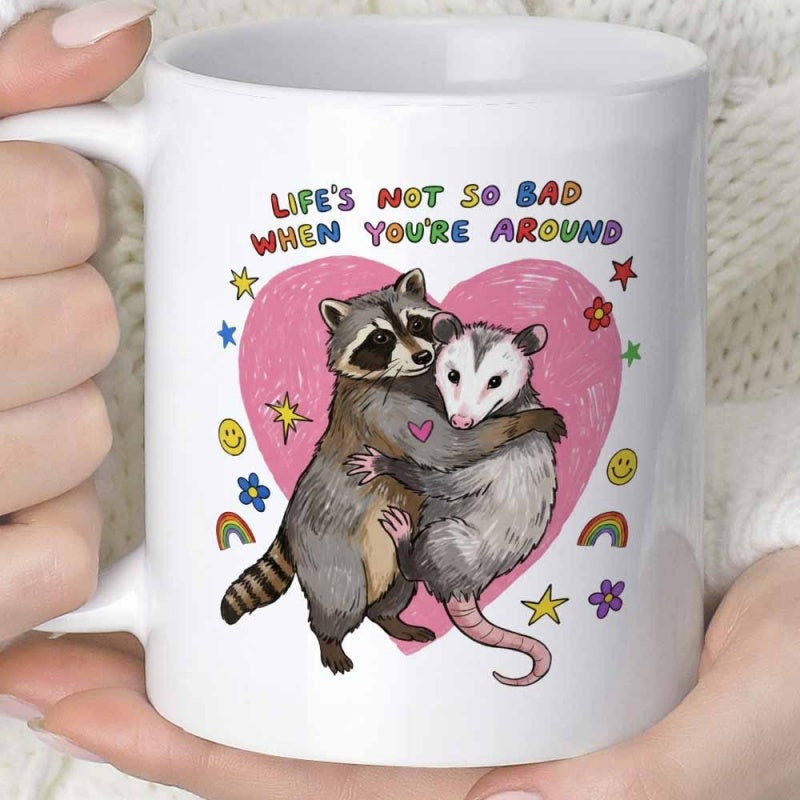 Tailorly White Ceramic 11 oz Mug - Lifes Not So Bad When Youre Around Cute Raccoon And Opossum Hugging Inside Heart With Rainbows Raccoon