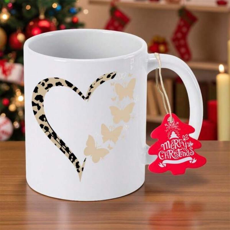 Tailorly White Ceramic 11 oz Mug - Elegant Leopard Print Texture Merged With Graceful Floating Butterfly Shapes Heart