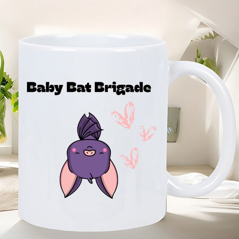 Tailorly White Ceramic 11 oz Mug - Baby Bat Brigade Cute Purple Cartoon Creature Hanging Upside Down Among Small Pink Hearts Bat