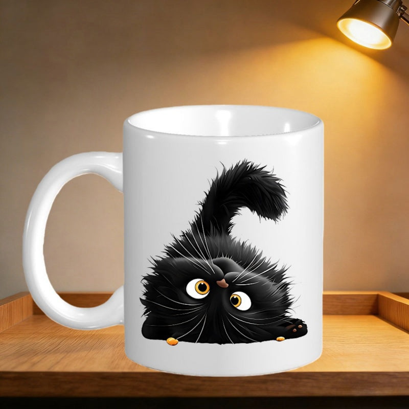Tailorly White Ceramic 11 oz Mug - Playful Fluffy Black Feline With Big Curious Eyes Peeking Forward Cat