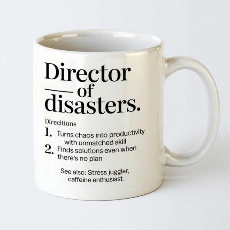 Tailorly White Ceramic 11 oz Mug - Director Of Disasters Minimalist Black Text Printed On A Plain Mug