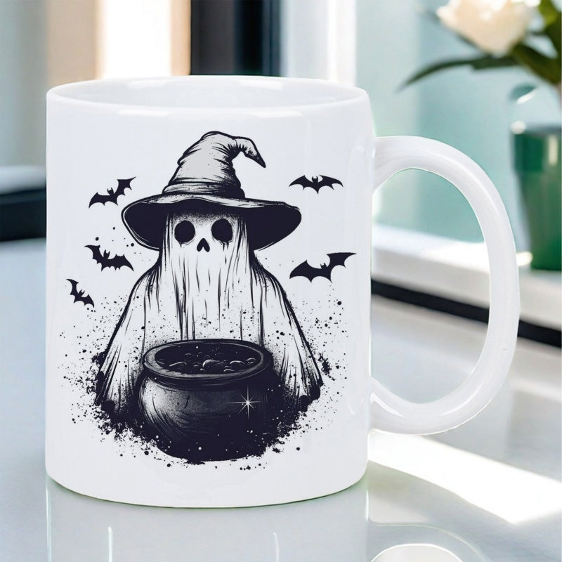 Tailorly White Ceramic 11 oz Mug - Spooky Wearing Pointed Hat Over Bubbling Magic Cauldron Among Flying Bats Ghost