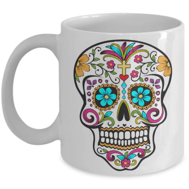 Tailorly White Ceramic 11 oz Mug - Ornate Mexican Cultural Style With Colorful Floral Patterns And Cross Skull