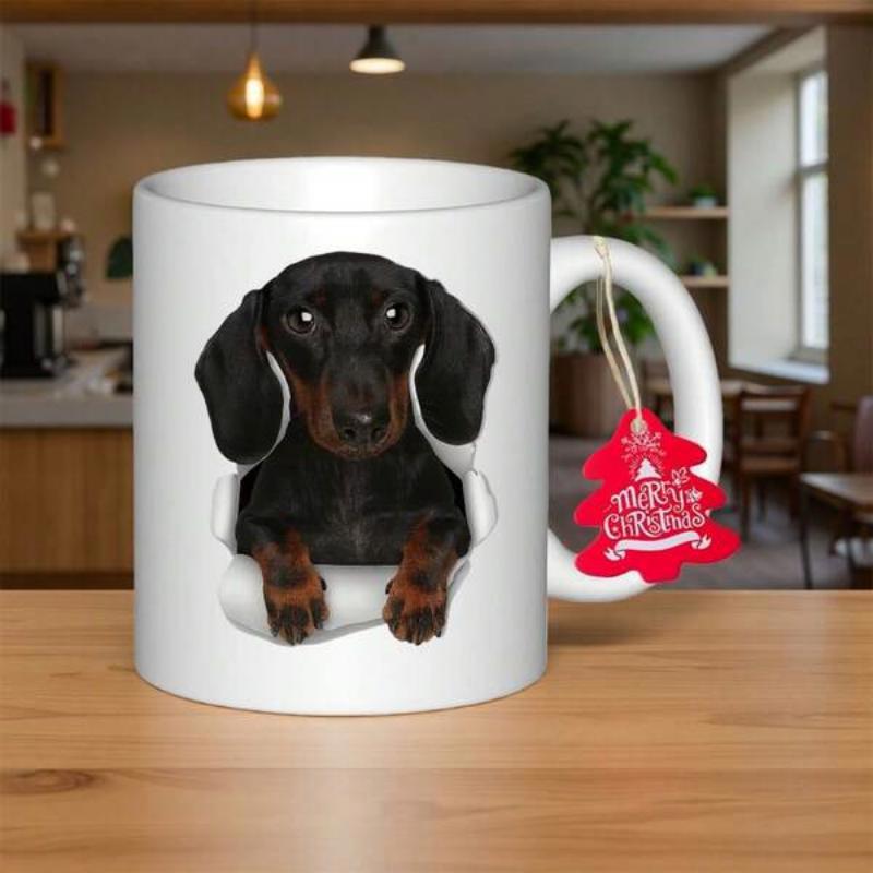 Tailorly White Ceramic 11 oz Mug - Merry Christmas Adorable Black And Tan Short Haired Puppy Peeking Through A Realistic Ripped Hole Dachshund