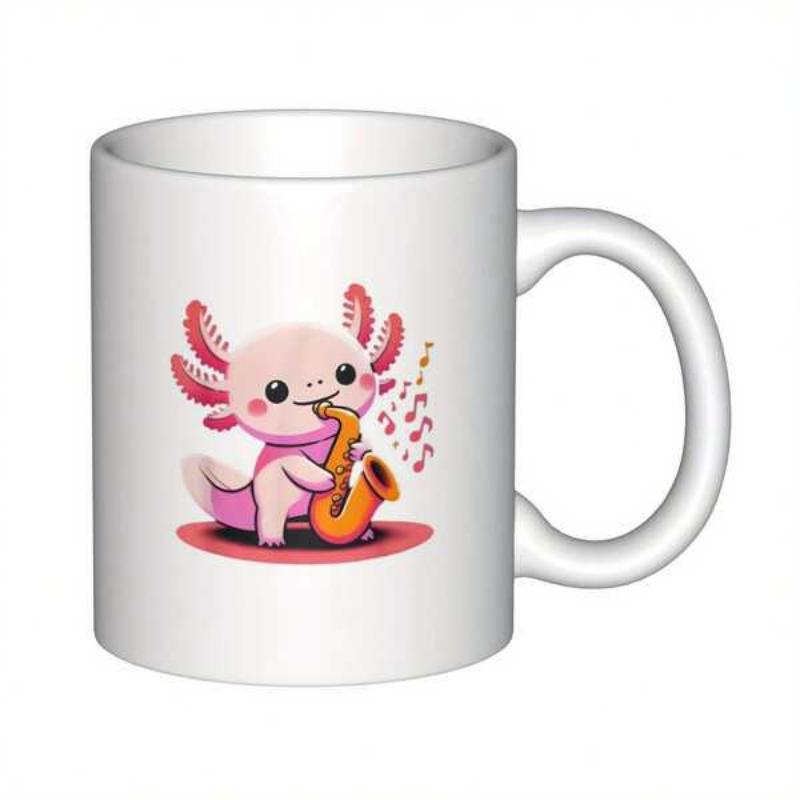 Tailorly White Ceramic 11 oz Mug - Adorable Pink Cartoon Axolotl Playing A Golden Saxophone With Floating Musical Notes Axolotl