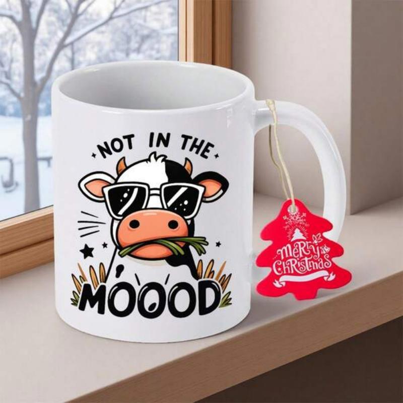 Tailorly White Ceramic 11 oz Mug - Not In The Moood Cute Cartoon Cow Wearing Sunglasses Chewing Grass And Looking Cool Cow