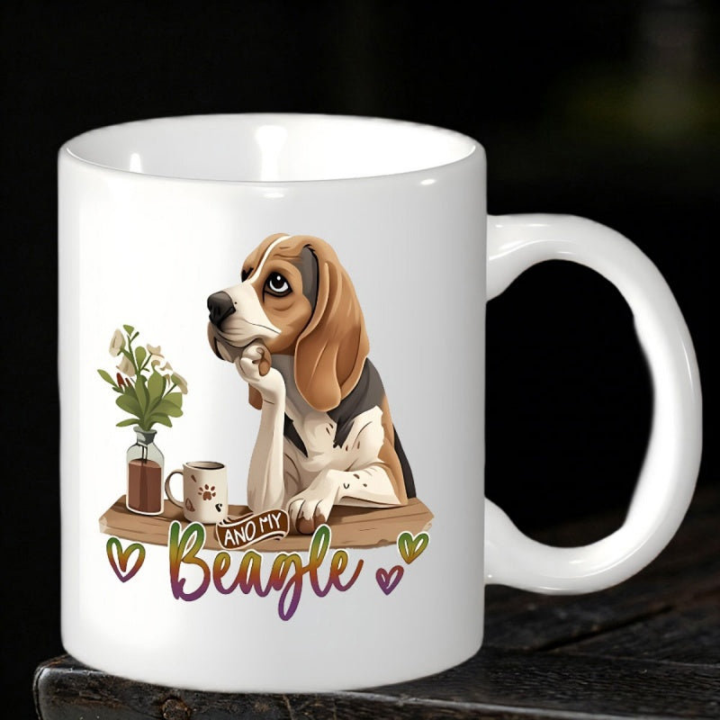Tailorly White Ceramic 11 oz Mug - And My Beagle Thoughtful Puppy Resting On Table With Potted Plant And Tiny Cup Beagle