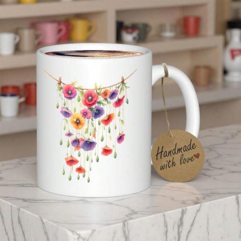 Tailorly White Ceramic 11 oz Mug - Handmade With Love Vibrant Watercolor Petals Suspended From A Thin String Among Leaves Flower