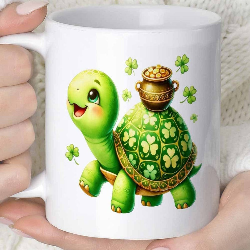 Tailorly White Ceramic 11 oz Mug - Smiling Green Reptile Carrying Golden Pot Surrounded By Lucky Clovers Turtle