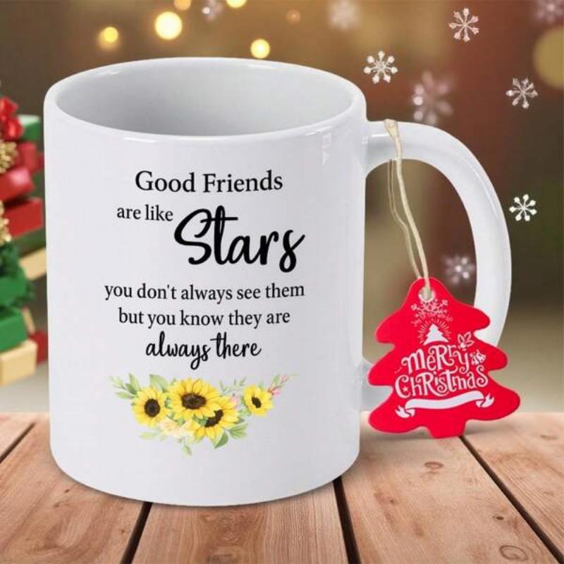 Tailorly White Ceramic 11 oz Mug - Good Friends Are Like Stars You Don't Always See Them But You Know They Are Always There Bright Golden Sunflowers With Green