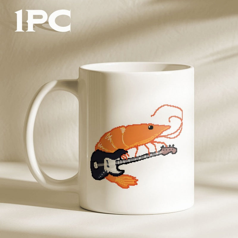 Tailorly White Ceramic 11 oz Mug - Whimsical Orange Sea Creature Playing A Black Electric Guitar Musical Shrimp