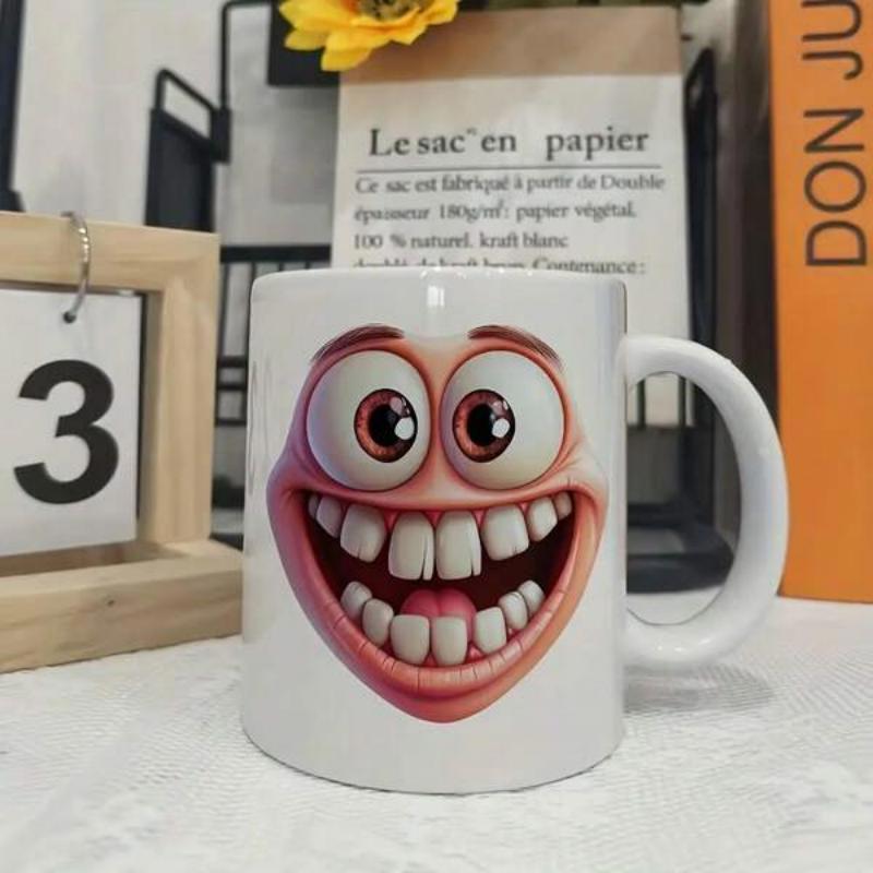 Tailorly White Ceramic 11 oz Mug - Funny Pink Caricature With Wide Grinning Teeth And Big Expressive Eyes Face