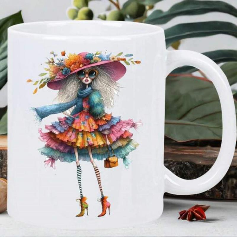 Tailorly White Ceramic 11 oz Mug - Whimsical Fashionable Figure Wearing A Colorful Tiered Dress And Floral Hat Girl