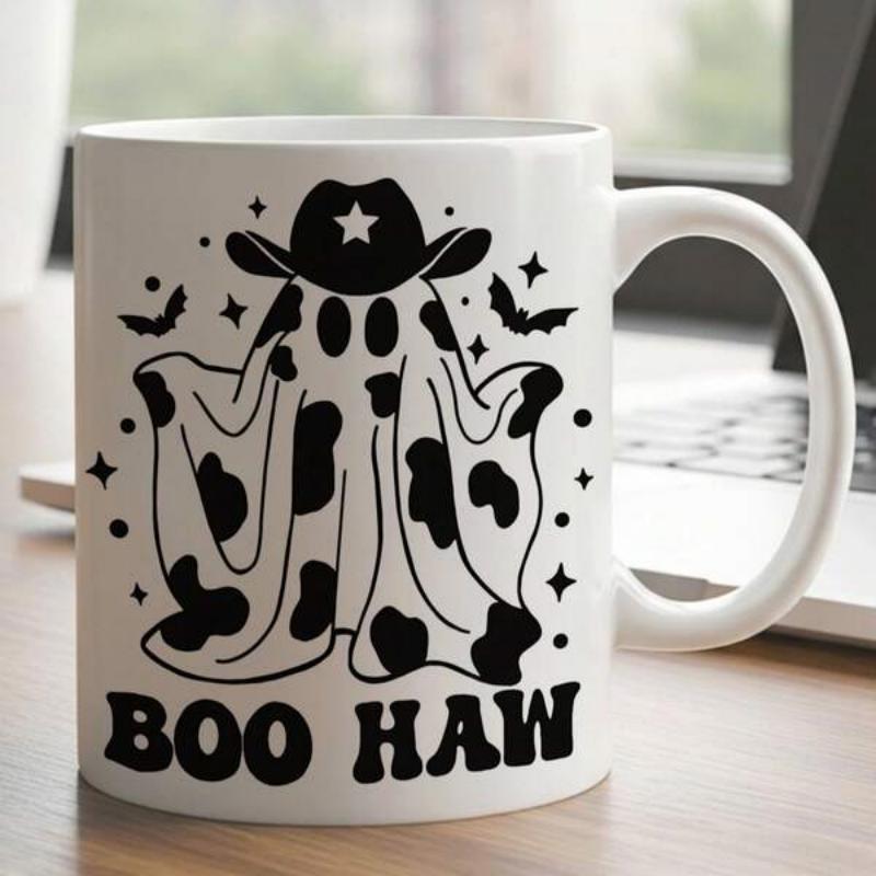 Tailorly White Ceramic 11 oz Mug - Boo Haw Retro Style Figure Wearing Cowboy Hat And Cow Print Sheet Ghost