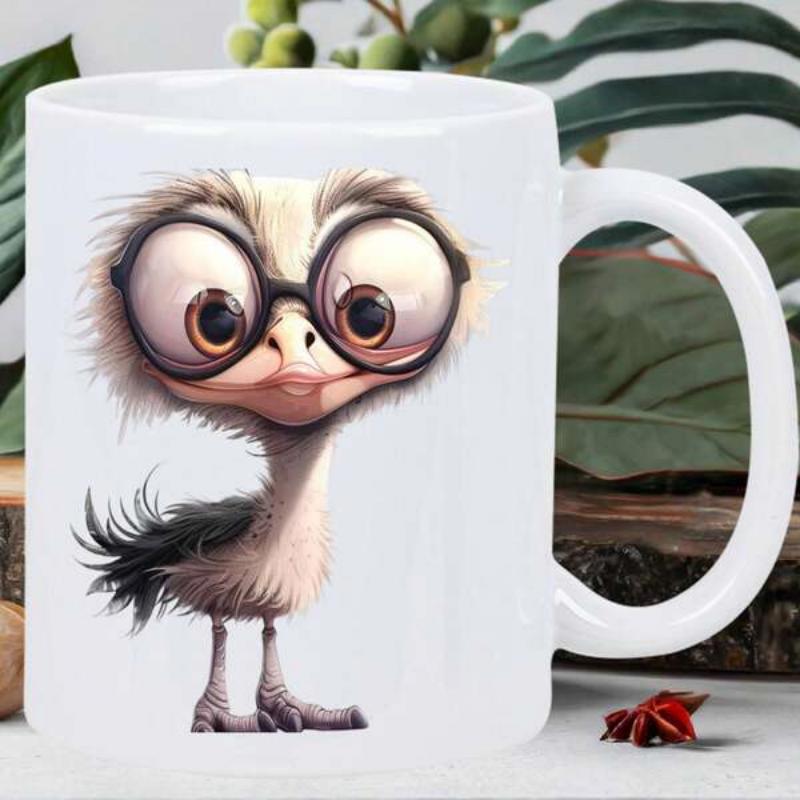 Tailorly White Ceramic 11 oz Mug - Cute Fluffy Bird Wearing Large Round Glasses Standing On A White Background Ostrich