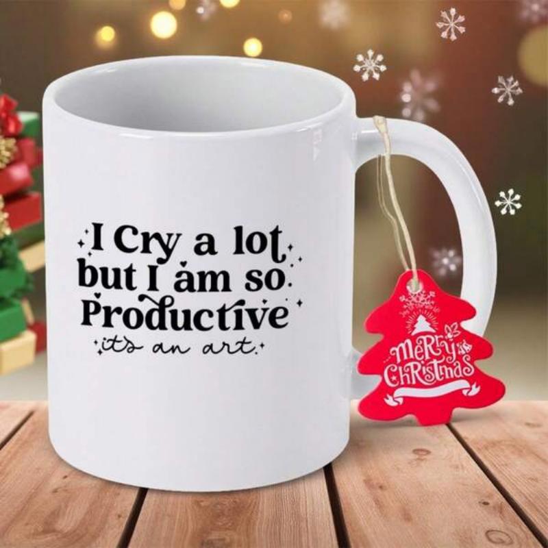 Tailorly White Ceramic 11 oz Mug - I Cry A Lot But I Am So Productive Its An Art Minimalist Black Typography With Elegant Sparkles On