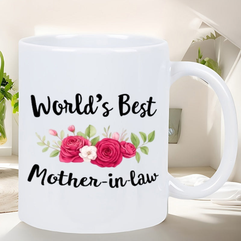 Tailorly White Ceramic 11 oz Mug - Worlds Best Mother In Law Elegant Pink Roses Blooming Among Delicate Green Leaves And Small Buds Rose