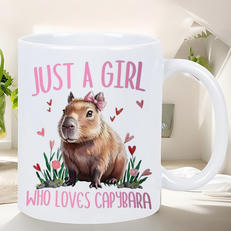 Tailorly White Ceramic 11 oz Mug - Just A Girl Who Loves Capybara Adorable Brown Animal With Pink Bow Among Red Hearts And Green Plants Capybara