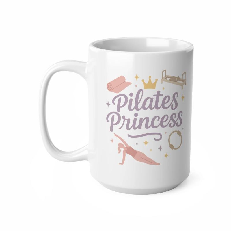 Tailorly White Ceramic 11 oz Mug - Pilates Princess Minimalist Pink Yoga Mat With Golden Crown And Elegant Workout Equipment Pilates