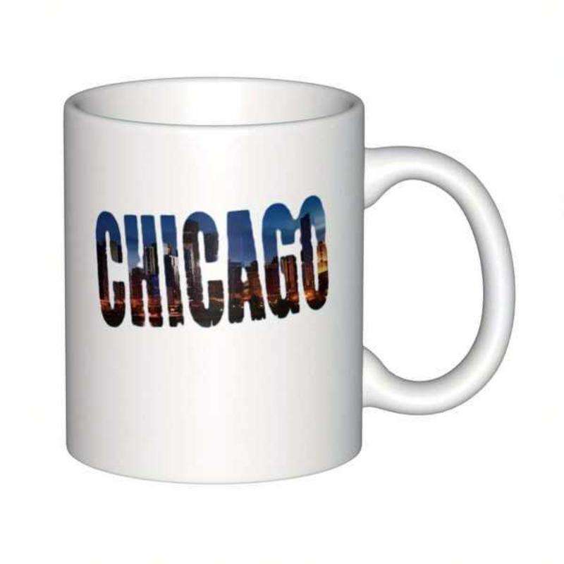 Tailorly White Ceramic 11 oz Mug - Chicago Majestic Nighttime City Lights Glowing Inside Artistic Bold Letters Skyline