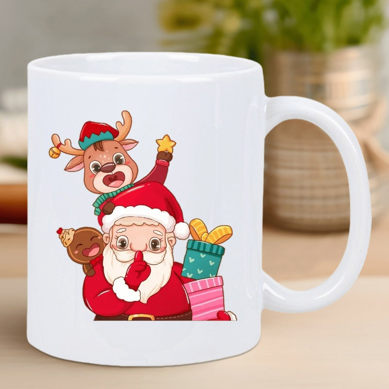 Tailorly White Ceramic 11 oz Mug - Festive Holiday Illustration Featuring Cute Reindeer And Cheerful Gingerbread Man Santa