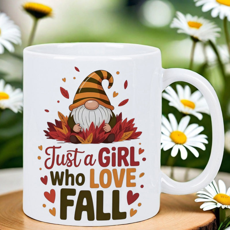 Tailorly White Ceramic 11 oz Mug - Just A Girl Who Love Fall Adorable Gnome Sitting Among Colorful Autumn Leaves Surrounded By Decorative Hearts Gnome