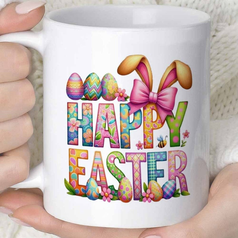 Tailorly White Ceramic 11 oz Mug - Happy Easter Vibrant Patterned Letters With Pink Bow Ears And Colorful Eggs Bunny