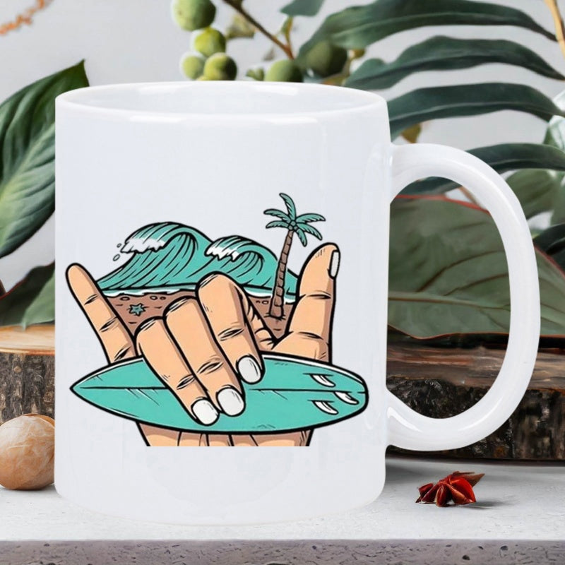 Tailorly White Ceramic 11 oz Mug - Tropical Ocean Waves And Palm Tree Behind Shaka Hand Holding Surfboard