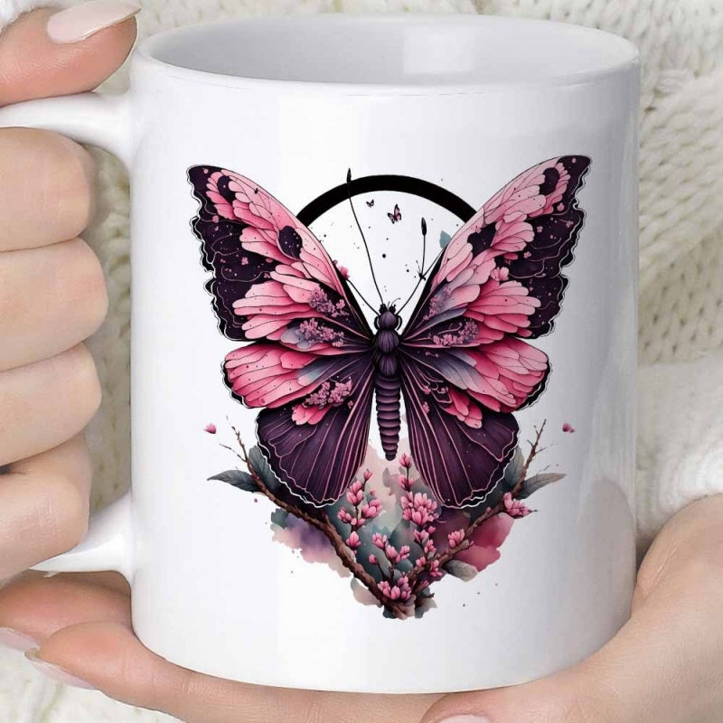 Tailorly White Ceramic 11 oz Mug - Elegant Pink And Purple Wings Dancing Among Delicate Spring Floral Butterfly