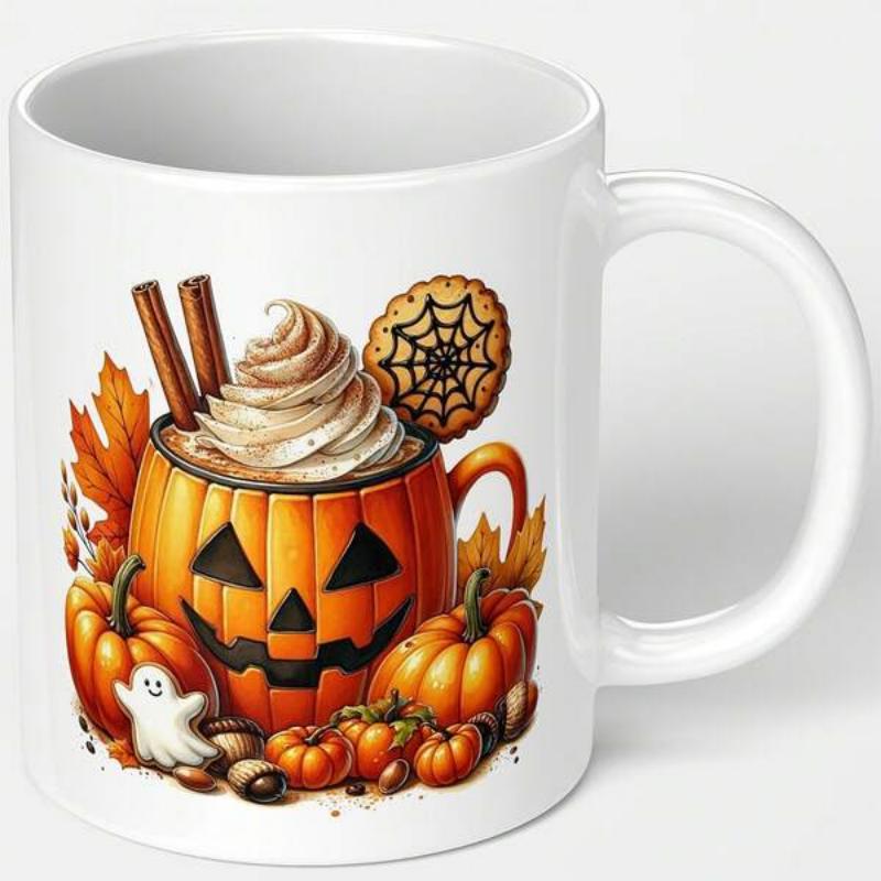Tailorly White Ceramic 11 oz Mug - Festive Halloween Latte With Whipped Cream And Small Ghosts Among Autumn Leaves Pumpkin