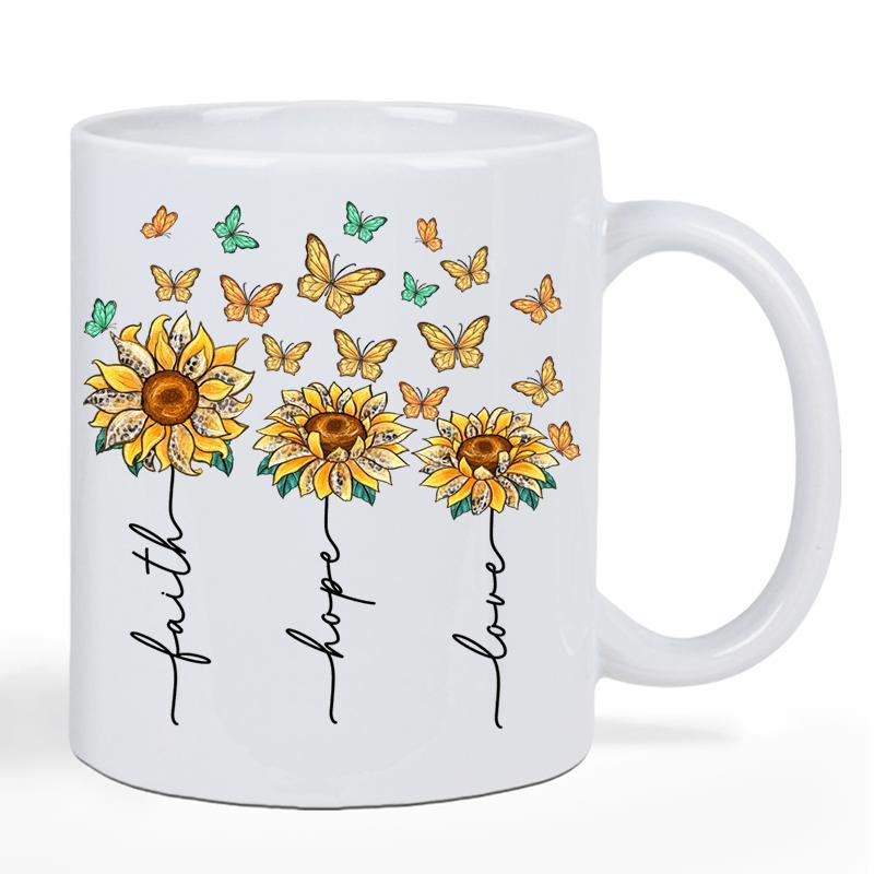 Tailorly White Ceramic 11 oz Mug - Faith Hope Love Blooming Yellow Sunflowers With Delicate Butterflies Fluttering In The Air Sunflower