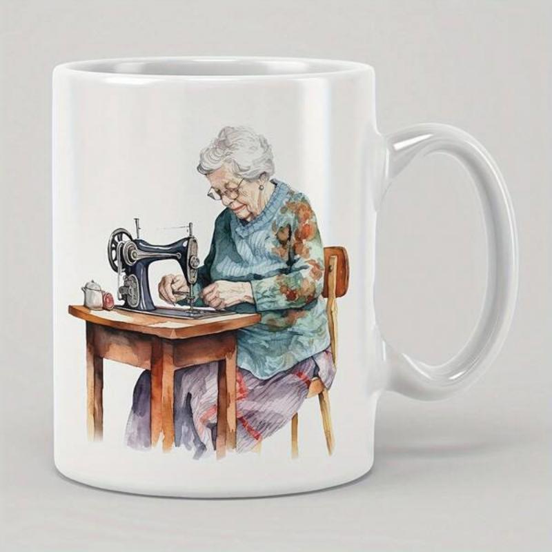 Tailorly White Ceramic 11 oz Mug - Watercolor Elderly Lady At A Wooden Table Using Vintage Sewing Machine