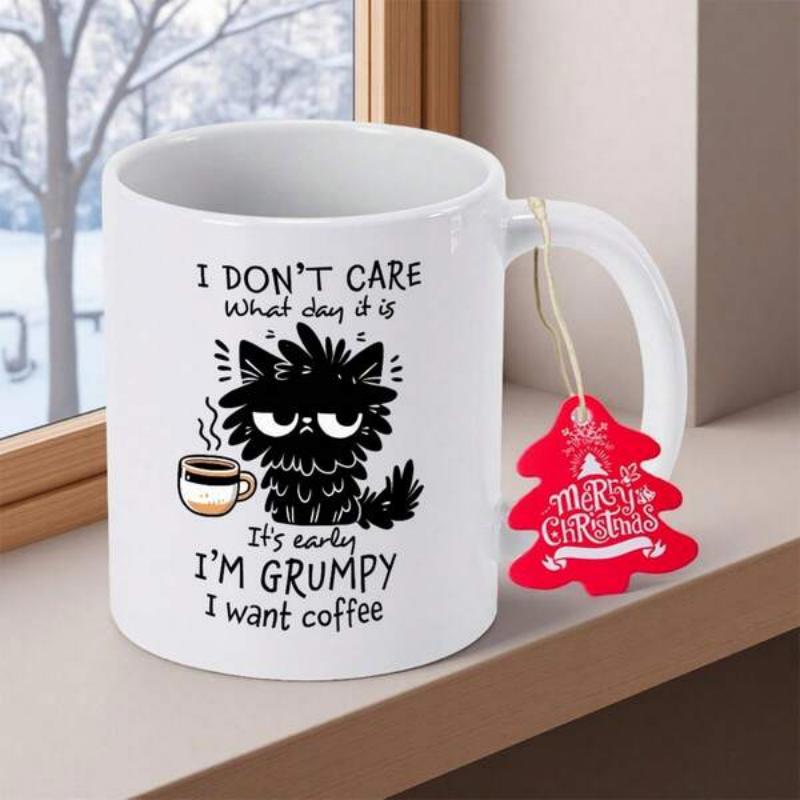 Tailorly White Ceramic 11 oz Mug - I Don't Care Its Early Im Grumpy I Want Coffee Messy Furry Silhouette With Half Closed Eyes Holding Steaming Hot Cup Cat