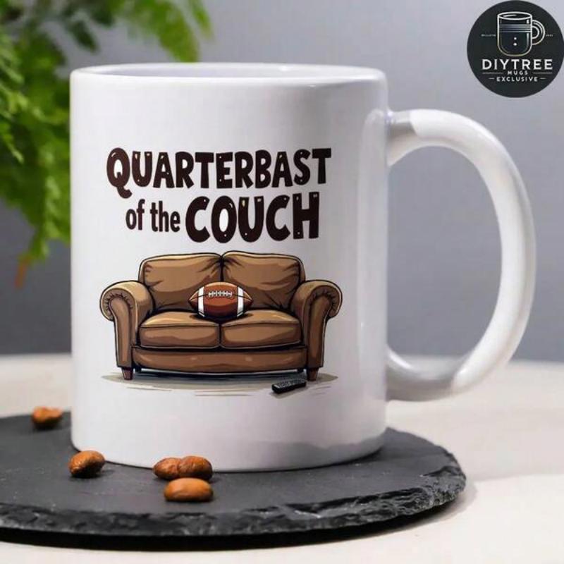 Tailorly White Ceramic 11 oz Mug - Quarterbast Of The Couch Vintage Brown Leather Sofa With Football Resting On Comfy Cushions Couch