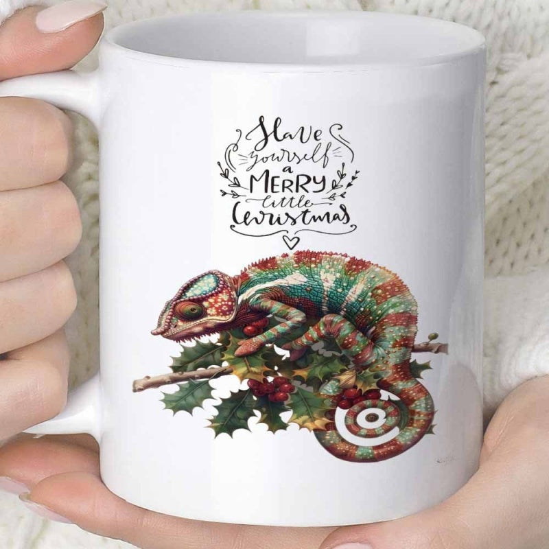 Tailorly White Ceramic 11 oz Mug - Have Yourself A Merry Little Christmas Colorful Festive Lizard Resting On Holly Branches With Berries Chameleon