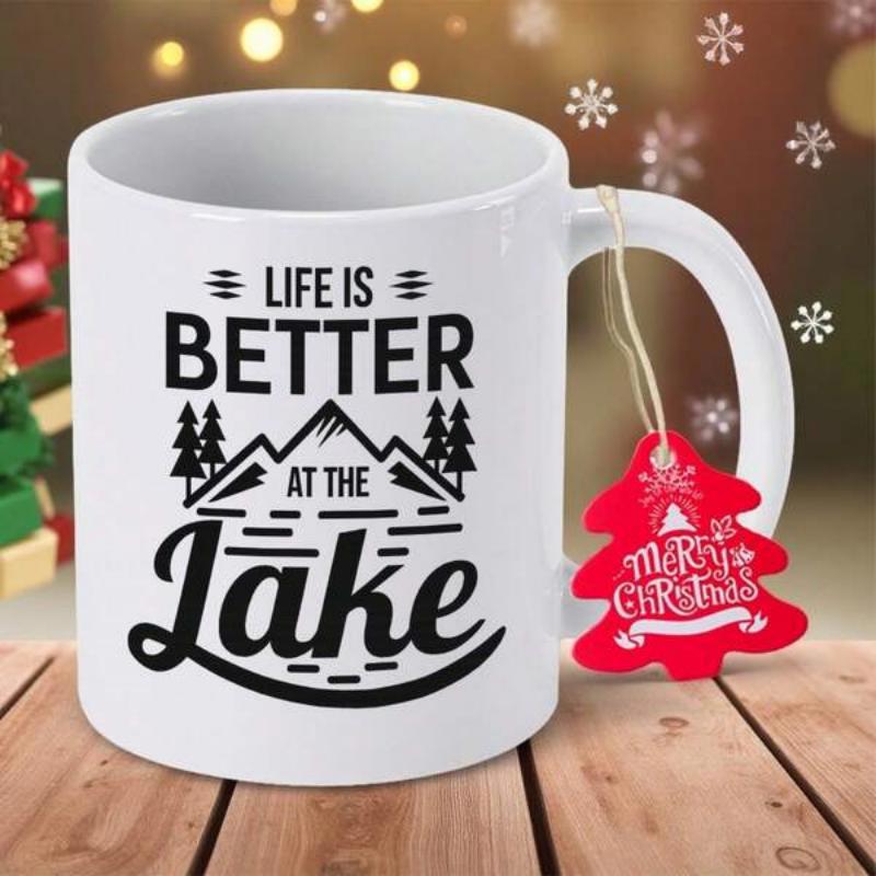 Tailorly White Ceramic 11 oz Mug - Life Is Better At The Lake Serene Pine Trees Nestled Beneath Majestic Jagged Peaks Mountain
