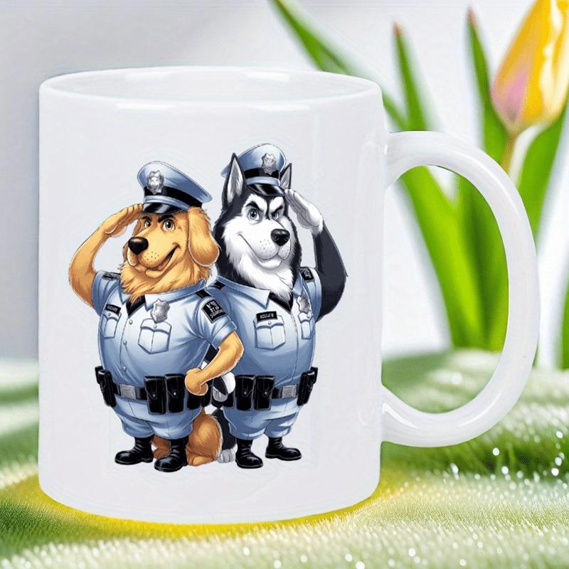 Tailorly White Ceramic 11 oz Mug - Heroic Canine Officers Standing Side By Side Wearing Detailed Blue Police Uniforms Dog