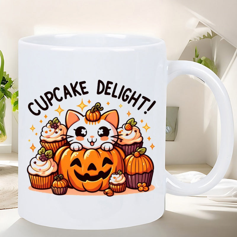 Tailorly White Ceramic 11 oz Mug - Cupcake Delight Tiny Spooky Treats Surrounding An Adorable Orange And White Kitten Cat