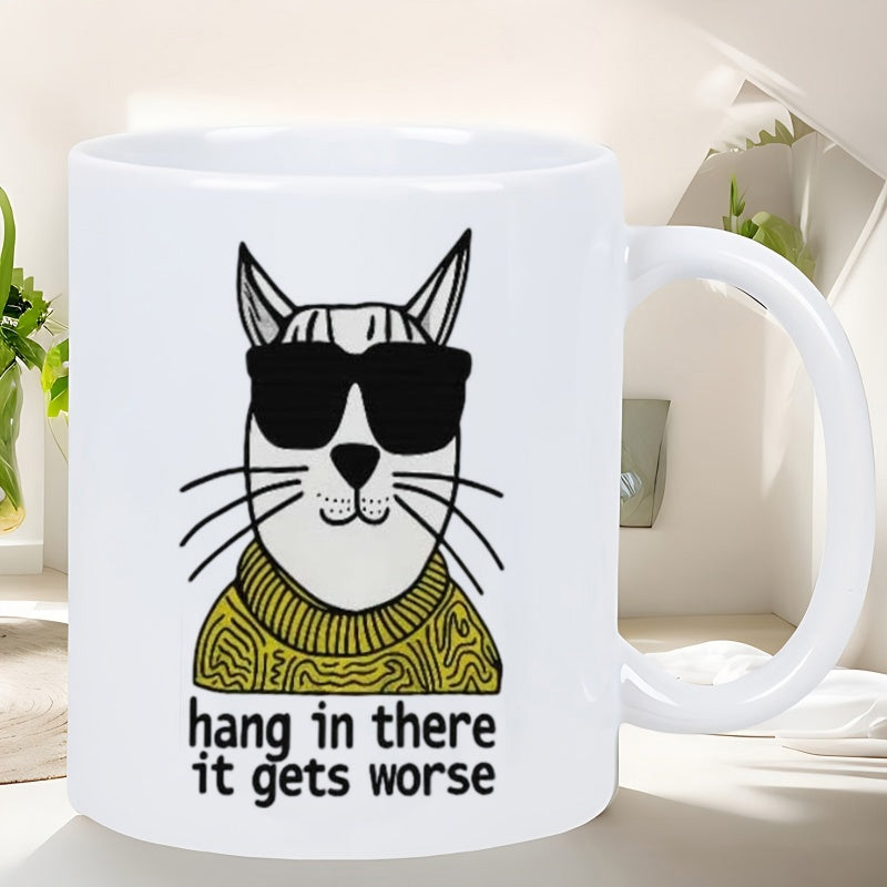 Tailorly White Ceramic 11 oz Mug - Hang In There It Gets Worse Cool Hand Drawn Sketch Cat Wearing Dark Sunglasses And Yellow Sweater Cat