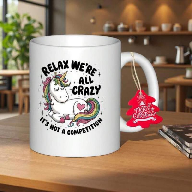 Tailorly White Ceramic 11 oz Mug - Relax We Are All Crazy It Is Not A Competition Whimsical Rainbow Unicorn Resting With Colorful Mane And Tail Heart Accent