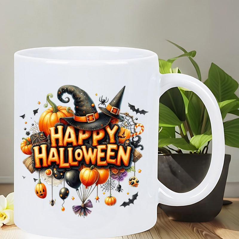 Tailorly White Ceramic 11 oz Mug - Happy Halloween Festive Holiday Theme With Witch Hats Bats And Spiders Pumpkin