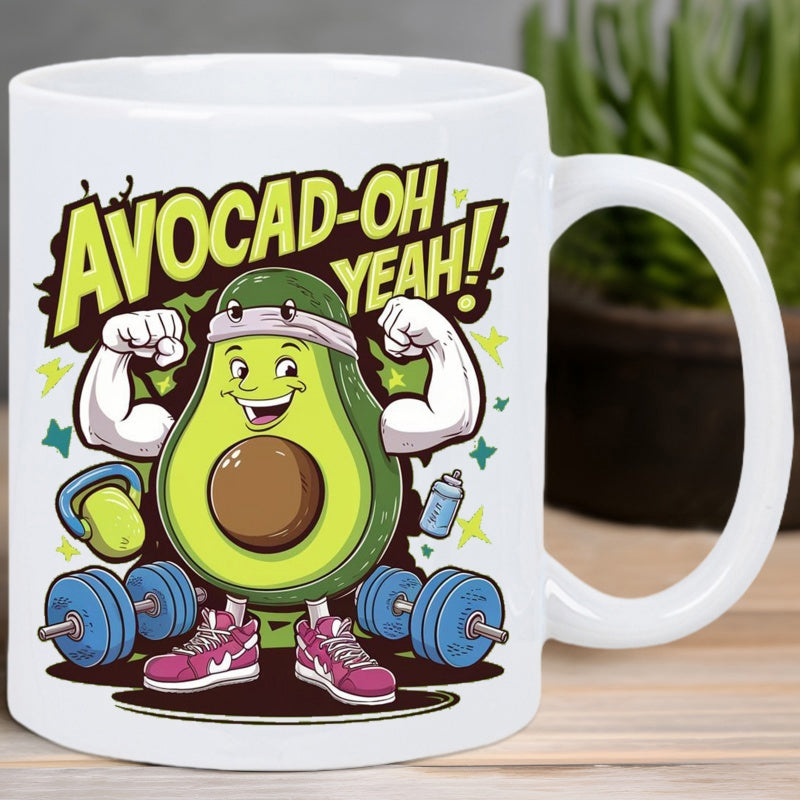 Tailorly White Ceramic 11 oz Mug - Avocad Oh Yeah Muscular Cartoon Character Flexing Arms Surrounded By Heavy Blue Dumbbells Avocado